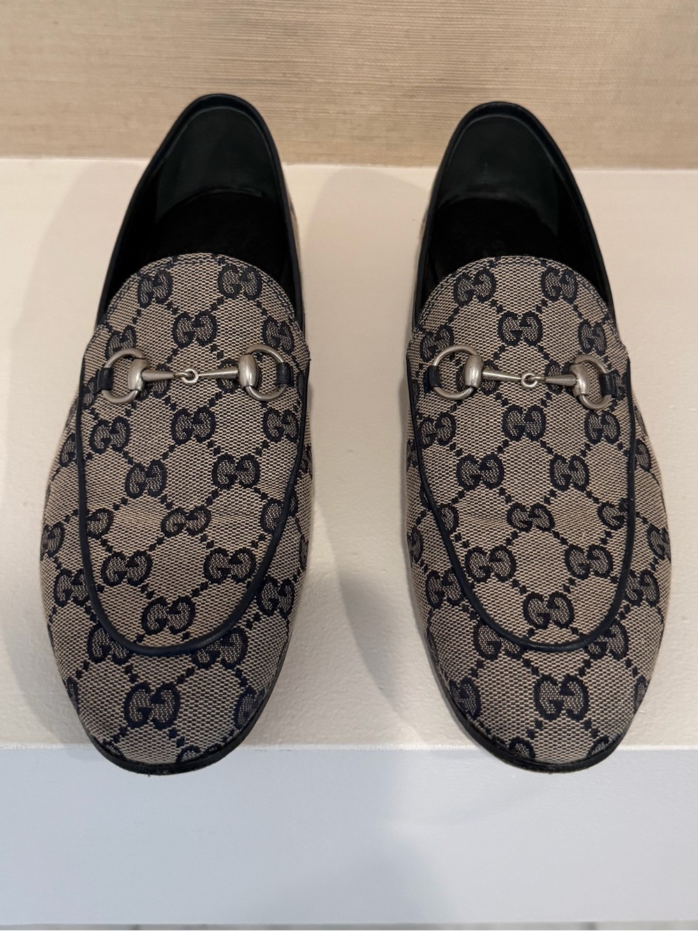 Gucci GG Canvas Horsebit Slip-On Loafers with Black Trim